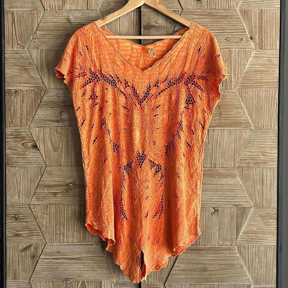 Indah Womens Crochet Top Sz S/M Orange Butterfly Cut Out Boho